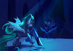 Size: 4000x2800 | Tagged: source needed, safe, artist:galchonok, alicorn, bat pony, robot, background, castle, commission, fight, night, sword, weapon, ych result