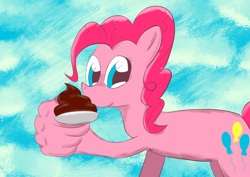 Size: 3508x2480 | Tagged: safe, artist:zenco, pinkie pie, g4, color, digital art, dulce de leche, hand, looking at you, pinkie being pinkie, sky, spoon