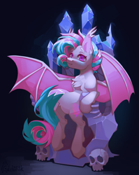 Size: 2700x3400 | Tagged: source needed, safe, artist:galchonok, oc, bat pony, commission, cute, dark background, throne, ych result