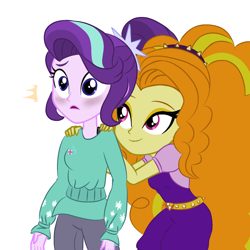 Size: 2048x2048 | Tagged: safe, anonymous artist, derpibooru exclusive, adagio dazzle, starlight glimmer, human, g4, 2025, base used, blushing, duo, female, hands on shoulder, lesbian, looking at someone, looking offscreen, open mouth, shipping, simple background, smiling, standing, stardagio, surprised, white background