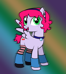 Size: 842x949 | Tagged: safe, artist:reitanna-seishin, oc, oc only, earth pony, pony, arm warmers, choker, clothes, ear piercing, earring, eyeshadow, freckles, gradient background, green eyes, hairband, jewelry, leg warmers, makeup, piercing, pink mane, pink tail, smiling, solo, spread wings, stockings, tail, thigh highs, wings