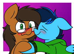 Size: 2766x2018 | Tagged: safe, artist:derpyalex2, oc, oc only, oc:cobalt chaser, oc:notetaker, earth pony, pegasus, pony, blue coat, blue mane, blushing, brown mane, clothes, digital art, glasses, green eyes, holding hooves, hug, jacket, nuzzling, passepartout, purple background, simple background, solo, sweater