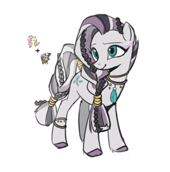 Size: 2062x2090 | Tagged: safe, artist:shiqiuzhu, fluttershy, zecora, pegasus, pony, zebra, g4, chibi, female, full body, fusion, fusion:fluttershy, fusion:zecora, mare, simple background, smiling, solo, white background