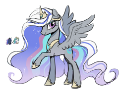 Size: 2642x2090 | Tagged: safe, artist:shiqiuzhu, princess celestia, princess luna, alicorn, pony, g4, aside glance, chibi, female, full body, fusion:princess celestia, fusion:princess luna, jewelry, looking at you, mare, raised hoof, regalia, simple background, smiling, solo, spread wings, white background, wings