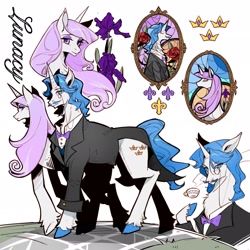 Size: 2048x2048 | Tagged: safe, artist:lunacy190, fancypants, fleur-de-lis, pony, unicorn, g4, bust, clothes, cup, eyes closed, female, full body, horn, male, mare, monocle, multiple views, simple background, stained glass, stallion, suit, teacup, text, white background