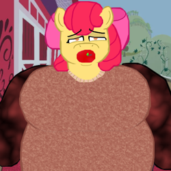 Size: 718x718 | Tagged: artist needed, safe, apple bloom, anthro, g4, 1000 hours in ms paint, apple, apple blob, barn, belly, big belly, big breasts, breasts, clothes, dazed, fat, female, food, hill, looking at you, mittens, obese, older, older apple bloom, outdoors, solo, strong fat, stuffed, sweater, sweet apple acres