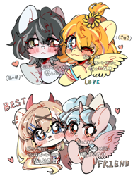 Size: 1920x2560 | Tagged: safe, artist:冰糖, cozy glow, oc, alicorn, bat pony, pegasus, pony, g4, :o, alicornified, blushing, collar, cozycorn, devil horns, female, filly, foal, hair ribbon, hairclip, heart, hoof over mouth, horns, looking at you, nose piercing, one eye closed, open mouth, piercing, race swap, ribbon, simple background, spiked collar, spread wings, text, upper body, white background, wings, wink, wristband