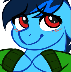 Size: 537x541 | Tagged: safe, artist:mxiiisy, oc, oc only, oc:cobalt chaser, pegasus, pony, blue coat, blue mane, blush lines, blushing, clothes, digital art, emotes, floppy ears, hoodie, hooves, hooves together, jacket, looking back, male, pegasus oc, red eyes, simple background, solo, sweater, transparent background