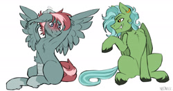 Size: 3000x1566 | Tagged: safe, artist:neoncel, oc, oc only, pegasus, pony, blushing, embarrassed, fangs, flirting, spread wings, wings