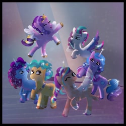 Size: 2400x2400 | Tagged: safe, artist:mazanity1, hitch trailblazer, izzy moonbow, misty brightdawn, pipp petals, sunny starscout, zipp storm, crystal pony, earth pony, pegasus, pony, unicorn, g5, alternate hairstyle, cellphone, crystal hitch, crystal izzy, crystal misty, crystal pipp, crystal sunny, crystal zipp, female, flying, group photo, horn, lineless, male, mane five, mane six (g5), mane stripe sunny, mare, passepartout, phone, rebirth misty, smartphone, spread wings, stallion, wings