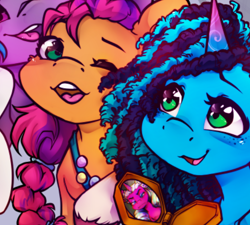 Size: 644x579 | Tagged: safe, artist:midnightpremiere, izzy moonbow, misty brightdawn, opaline arcana, sunny starscout, alicorn, earth pony, pony, unicorn, g5, cropped, duo focus, female, horn, jewelry, mare, medallion, offscreen character, one eye closed, open mouth