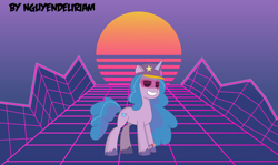 Size: 7503x4459 | Tagged: safe, alternate version, artist:nguyendeliriam, izzy moonbow, pony, unicorn, g5, my little pony: tell your tale, bracelet, female, friendship bracelet, hat, horn, jewelry, mare, smiling, solo, sunglasses, synthwave