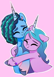 Size: 1000x1414 | Tagged: safe, alternate version, artist:snowy_mystery, izzy moonbow, misty brightdawn, pony, unicorn, g5, :3, blushing, cheek squish, duo, duo female, eyes closed, female, horn, hug, lesbian, mare, pink background, ship:mizzy, shipping, simple background, squishy cheeks