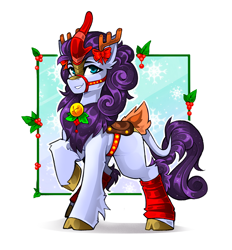 Size: 928x1000 | Tagged: safe, artist:buvanybu, oc, oc:silver brook, kirin, bridle, clothes, cloven hooves, costume, fake antlers, hearth's warming, kirin oc, male, saddle, solo, tack