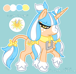 Size: 1282x1242 | Tagged: safe, artist:suns, oc, oc only, oc:solar swill, unicorn, 2024, blue fur, blue mane, bow, collar, colored, cutie mark, dialogue, english description, female, freckles, horn, simple background, solo, solo female, tan fur, white fur, white mane, yellow bow, yellow collar, yellow eyes