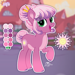 Size: 2000x2000 | Tagged: safe, artist:lovinglypromise, cheerilee, pony, g4, alternate cutie mark, alternate design, alternate hairstyle, alternate tailstyle, alternate universe, cheeribetes, cute, hair bun, new dawn of harmony, outdoors, pencil in hair, raised hoof, redesign, smiling, solo, tail, tail bun, tied mane, tied tail