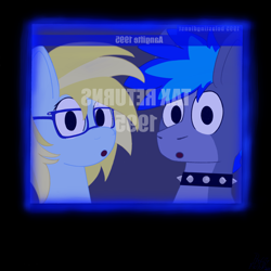 Size: 2048x2048 | Tagged: safe, artist:proffy floyd, oc, oc only, oc:cloud cuddler, oc:proffy floyd, hybrid, pegabat, pegasus, pony, :o, choker, duo, glasses, mirrored, monitor, offscreen character, open mouth, pegasus oc, pov, spiked choker, taxes, text