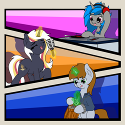 Size: 4000x4000 | Tagged: safe, artist:inpherno, artist:uniroam, oc, oc:homage, oc:littlepip, oc:velvet remedy, fallout equestria, clothes, colored background, disc jockey, headphones, jumpsuit, littlepip's little party, lockpicking, magic, magic aura, microphone, panels, telekinesis, vault suit