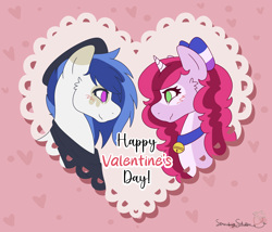 Size: 3500x3000 | Tagged: safe, artist:strawberrywolv, oc, oc only, oc:astral thunder, oc:breezy belle, alicorn, pegasus, bandana, bell, bell collar, blushing, bow, collar, colored, commission, curly mane, duo, flat colors, green eyes, hair bow, hat, heart, high res, holiday, looking at each other, looking at someone, multicolored hair, patterned background, purple eyes, text, valentine, valentine's day, ych example, your character here