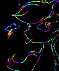 Size: 1668x2008 | Tagged: safe, artist:jehr, rainbow dash, pegasus, pony, g4, black background, chest fluff, cloud, digital art, eyelashes, glowing, glowing eyes, lightning, looking at you, rainbow, simple background, solo, tongue out, wind