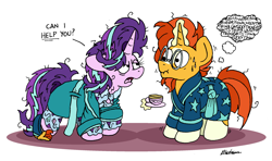 Size: 2410x1430 | Tagged: safe, artist:bobthedalek, starlight glimmer, sunburst, pony, unicorn, g4, annoyed, bathrobe, bed mane, clothes, cup, female, glim glam's jim jams, horn, lewd thoughts, magic, male, messy mane, morning ponies, pajamas, robe, scrunchy face, ship:starburst, shipping, slippers, straight, teacup, telekinesis, thought bubble