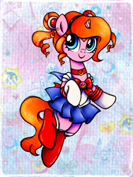 Size: 2250x3000 | Tagged: safe, artist:dariarchangel, oc, oc only, oc:dazha, pony, unicorn, g4, accessory, adorable face, blue eyes, blue skirt, bow, brooch, c:, choker, clothes, cosplay, costume, crossover, cute, cute face, cute smile, ear piercing, earring, female, female oc, hairband, headband, hoof gloves, horn, jewelry, mare, mare oc, miniskirt, ocbetes, odango, orange hair, orange mane, orange tail, piercing, pigtails, pink coat, pony oc, pretty, raised hoof, red bow, sailor moon, sailor moon (series), sailor senshi, sailor uniform, skirt, small horn, smiling, socks, solo, tail, traditional art, twintails, unicorn oc, uniform, weapons-grade cute