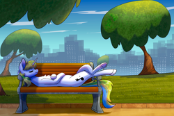 Size: 4500x3000 | Tagged: safe, artist:celes-969, oc, oc only, pony, unicorn, bench, city, cityscape, horn, park, sleeping, solo, unicorn oc