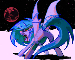 Size: 1350x1080 | Tagged: safe, artist:deviledlobster, dj pon-3, vinyl scratch, bat pony, pony, undead, vampire, g4, bat wings, blood, blood moon, moon, solo, wings