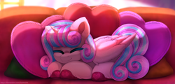 Size: 6248x3000 | Tagged: safe, artist:taiweiart, princess flurry heart, twilight sparkle, alicorn, earth pony, pegasus, pony, unicorn, g4, clothes, couch, crystal empire, cute, dusk shine, empress, fanart, heart, heart eyes, horn, light, lying down, morning, morning ponies, pillow, princess, royalty, rule 63, sleeping, sleepy, slippers, solo, wingding eyes