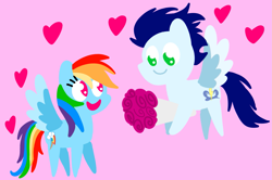 Size: 1935x1285 | Tagged: safe, anonymous artist, derpibooru exclusive, rainbow dash, soarin', pegasus, pony, series:soarindash relationship, series:soarindash romantic tales, g4, bouquet, bouquet of flowers, female, flower, hearts and hooves day, holiday, male, mare, pointy ponies, ship:soarindash, shipping, stallion, straight, valentine's day