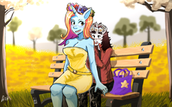 Size: 1920x1200 | Tagged: safe, artist:dorimuky, sassy saddles, oc, oc:apollyon, anthro, g4, anthro oc, female, male, outdoors, ship:apollyonsaddles, shipping, sitting, straight