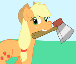 Size: 976x821 | Tagged: safe, artist:cmara, applejack, earth pony, pony, g4, axe, female, mouth hold, outdoors, solo