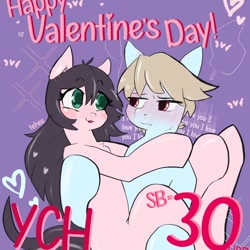 Size: 512x512 | Tagged: safe, artist:cheddart, pony, any gender, any race, any species, auction, auction open, blushing, carrying, commission, couple, holding a pony, holiday, looking at each other, looking at someone, love, male, valentine, valentine's day, your character here