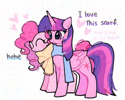 Size: 2048x1638 | Tagged: safe, artist:petaltwinkle, pinkie pie, twilight sparkle, alicorn, earth pony, pony, g4, adversarial noise, clothes, duo, eyes closed, female, heart, lesbian, scarf, ship:twinkie, shipping, simple background, smiling, text, twilight sparkle (alicorn), wings