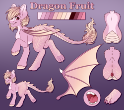 Size: 7000x6200 | Tagged: safe, artist:dewdropinn, oc, oc only, oc:dragon fruit, dracony, hybrid, back scales, hooves, paws, reference sheet