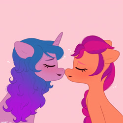 Size: 2480x2480 | Tagged: safe, artist:starburstuwu, izzy moonbow, sunny starscout, earth pony, pony, unicorn, g5, boop, bust, duo, duo female, eyes closed, female, floating heart, floppy ears, heart, high res, horn, lesbian, mare, noseboop, open mouth, open smile, pink background, ship:moonscout, shipping, simple background, smiling