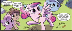 Size: 1203x530 | Tagged: safe, idw, princess cadance, pegasus, pony, unicorn, g4, my little pony: rise of cadance, spoiler:comic, spoiler:my little pony: rise of cadance, bow, clothes, colt, female, filly, foal, grass, hair bow, horn, jewelry, male, pegasus cadance, teen princess cadance, text