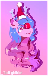 Size: 859x1352 | Tagged: safe, artist:mirkywave, izzy moonbow, pony, unicorn, g5, antlers, christmas, female, gradient background, hat, holiday, horn, mare, red nose, santa hat, solo