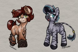 Size: 1224x818 | Tagged: safe, artist:reddthebat, oc, oc only, oc:novella (reddthebat), earth pony, pony, zebra, chest fluff, coat markings, female, filly, foal, frog (hoof), leg brace, looking at you, open mouth, open smile, smiling, smiling at you, underhoof, unshorn fetlocks, zebra oc