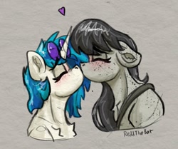 Size: 1121x937 | Tagged: safe, artist:reddthebat, dj pon-3, octavia melody, vinyl scratch, earth pony, pony, unicorn, g4, blushing, chest fluff, duo, duo female, ear fluff, eyes closed, female, floating heart, floppy ears, heart, height difference, horn, kiss on the lips, kissing, lesbian, mare, missing accessory, ship:scratchtavia, shipping, signature, sunglasses, sunglasses on head