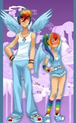 Size: 558x900 | Tagged: safe, artist:zoe-productions, rainbow dash, human, pegasus, g4, blushing, cutie mark accessory, cutie mark necklace, female, humanized, jewelry, male, necklace, rainbow blitz, rule 63, winged humanization, wings