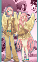 Size: 558x900 | Tagged: safe, artist:zoe-productions, fluttershy, human, pegasus, g4, blushing, butterscotch, female, holding hands, humanized, male, rule 63, winged humanization, wings