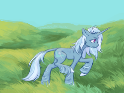 Size: 4444x3333 | Tagged: safe, artist:mammalian_alien, trixie, classical unicorn, pony, unicorn, g4, cloven hooves, colored sketch, dishevelled, doodle, frown, grass, horn, leonine tail, nature, outdoors, side view, sketch, solo, tail, unshorn fetlocks