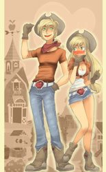 Size: 558x900 | Tagged: safe, artist:zoe-productions, applejack, human, g4, applejack (male), applejack's hat, bandana, blushing, clothes, cowboy hat, daisy dukes, denim, female, freckles, hat, humanized, jeans, male, pants, rule 63, shorts