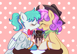 Size: 7096x5031 | Tagged: safe, artist:dd_mlp, oc, oc:lucid mirage, oc:quickdraw, bowtie, chest fluff, chocolate, clothes, coat markings, commissioner:dhs, cowboy hat, curly mane, drink, food, handkerchief, hat, hoof ring, jewelry, kissing, milkshake, nose kiss, ring, scarf, simple background, socks (coat markings), table, wedding ring