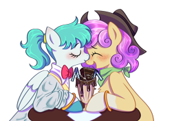 Size: 7096x5031 | Tagged: safe, artist:dd_mlp, oc, oc:lucid mirage, oc:quickdraw, bowtie, chest fluff, chocolate, clothes, coat markings, commissioner:dhs, cowboy hat, curly mane, drink, food, handkerchief, hat, hoof ring, jewelry, kissing, milkshake, nose kiss, ring, scarf, simple background, socks (coat markings), table, transparent background, wedding ring