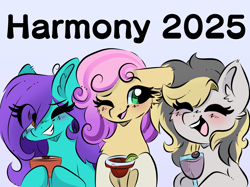 Size: 2732x2048 | Tagged: safe, alternate version, artist:lbrcloud, colorist:doodle-hooves, oc, oc:quickdraw, oc:swing time, oc:totalspark, harmonycon, alcohol, coat markings, colored, commissioner:dhs, curly mane, cute, drink, drinking, freckles, happy, margarita, scan, simple background, smiling, socks (coat markings), text, trio