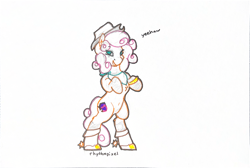 Size: 6930x4662 | Tagged: safe, artist:rhythmpixel, oc, oc:quickdraw, earth pony, pony, harmonycon, belly, belly button, bipedal, boots, chest fluff, clothes, cowboy hat, curly mane, cute, female, freckles, gift art, handkerchief, hat, hoof ring, looking at you\, mare, open mouth, scarf, shoes, sketch, smiling, spurs, traditional art, yeehaw