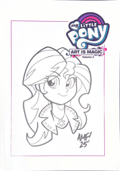 Size: 4704x6716 | Tagged: safe, artist:tony fleecs, sunset shimmer, harmonycon, equestria girls, g4, book, commissioner:dhs, looking at you, scan, signature, smiling, traditional art