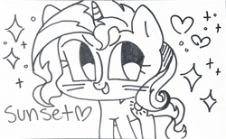 Size: 7514x4636 | Tagged: artist needed, safe, artist:orkid, sunset shimmer, oc, harmonycon, g4, chibi, commissioner:dhs, cute, hat, lineart, looking at you, name, scan, sparkles, text, traditional art